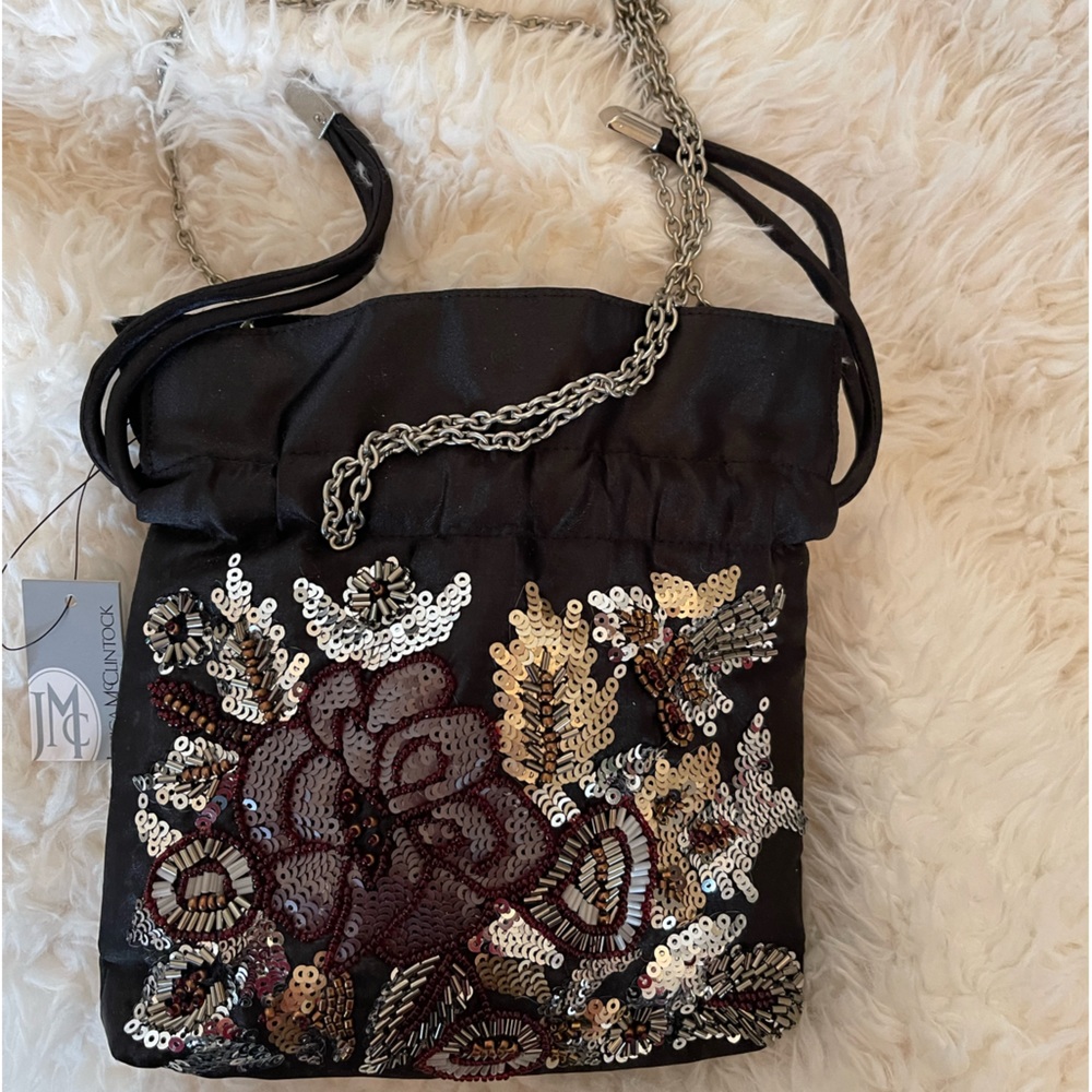 Jessica McClintock Victoria Sequin&Beaded Purse/ShoulderBag.21” Silver Chain NWT
